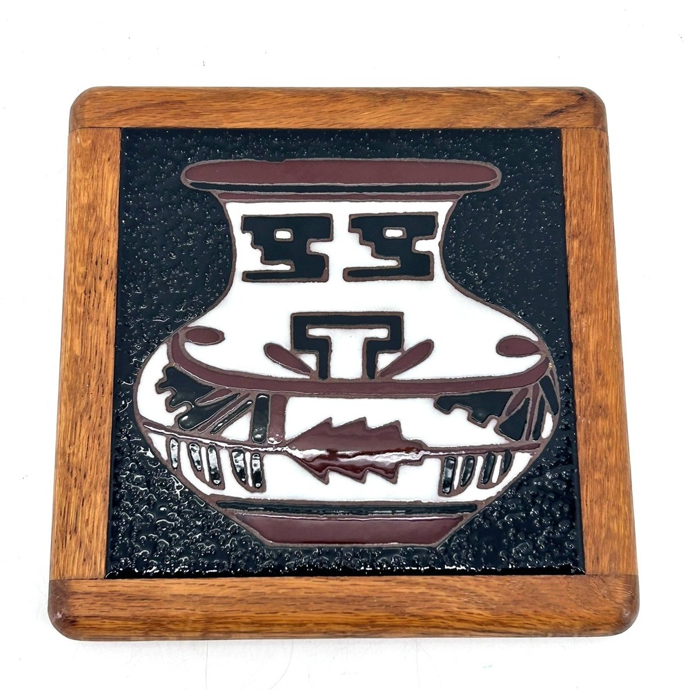 Vintage Southwest Pottery Art Ceramic Tile Trivet Oak Frame Wall Hanging 8in